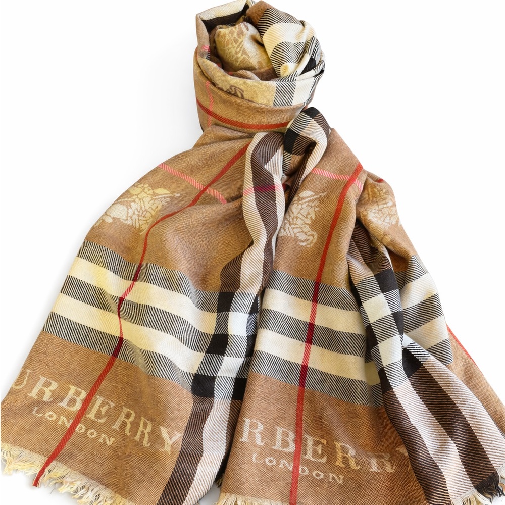 Burberry Tan and Red Plaid Scarf